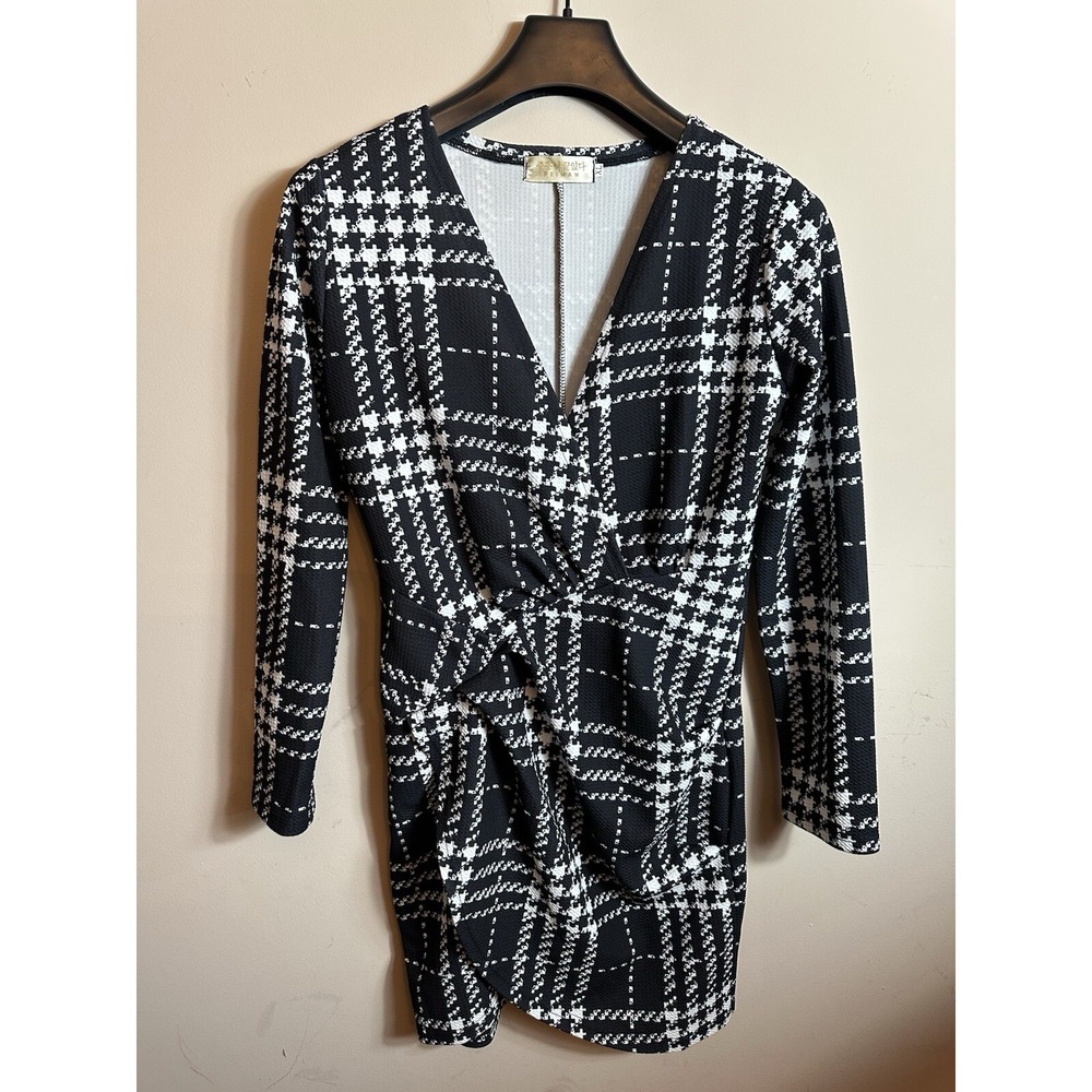 Feiman Dress Womens XL Black‎ White Plaid Wrap Long Sleeve Midi VNeck Preppy Mod